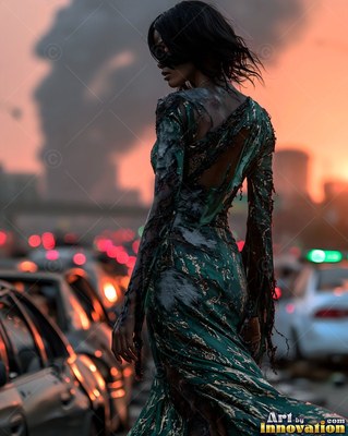 Female undead siren in a torn gothic dress amid rubble and drifting fog, lit in cold cinematic light
