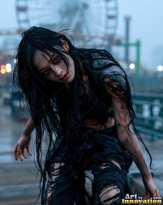 Close horror portrait of a beautiful undead woman, clouded eyes and dark tracery across gray skin