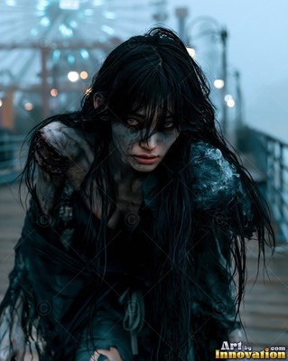 Undead siren in battle-worn leather against a desolate wasteland under a burning red sky