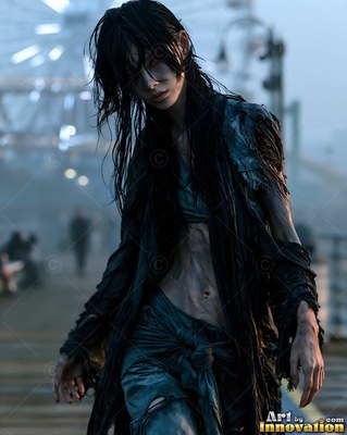 Female undead siren in a torn gothic dress amid rubble and drifting fog, lit in cold cinematic light