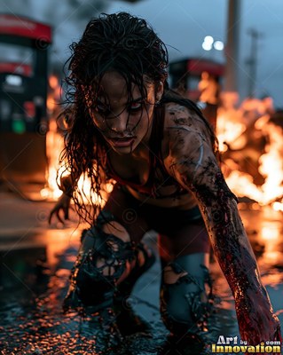 Undead siren in battle-worn leather against a desolate wasteland under a burning red sky