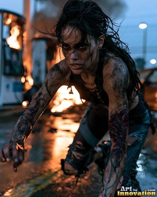 Hauntingly beautiful undead siren with pale skin and dark veins, standing in the ruins of a dead city
