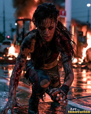 Female undead siren in a torn gothic dress amid rubble and drifting fog, lit in cold cinematic light