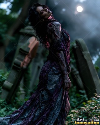 Close horror portrait of a beautiful undead woman, clouded eyes and dark tracery across gray skin