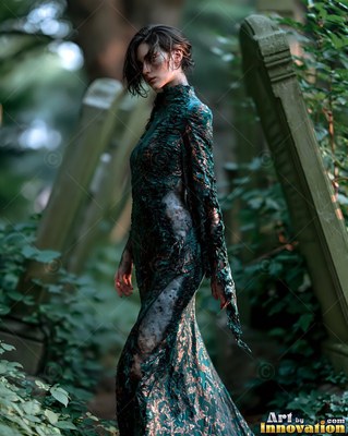 Hauntingly beautiful undead siren with pale skin and dark veins, standing in the ruins of a dead city