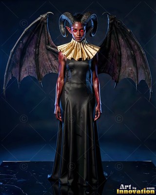 In a dark room, a horned woman with bat wings stands in a long black dress