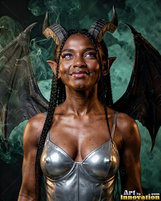 Smiling in a silver top, a horned woman with bat wings stands in green smoke