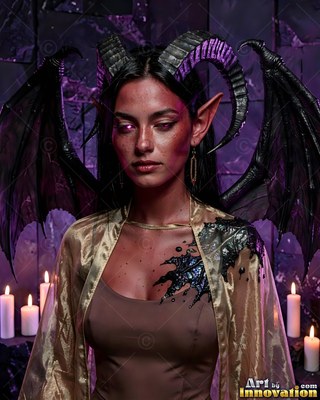 Curved horns rise from a horned woman in gold silk before burning candles in dark purple light