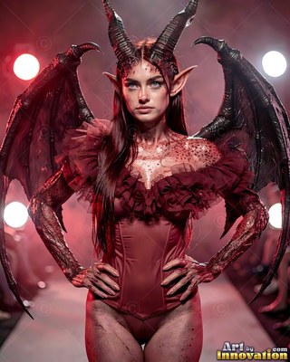 Facing forward on a runway, a horned woman poses with black bat wings in red light