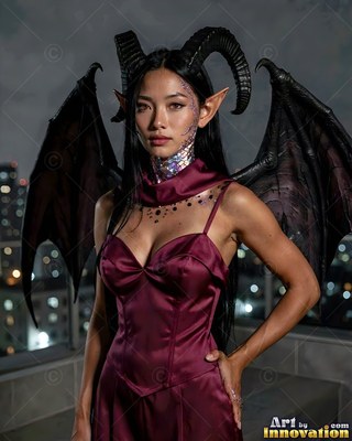 On a city rooftop at night, a horned woman in a maroon dress poses with wings spread