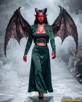 Walking a runway, a red-skinned winged woman wears a green satin dress through white smoke