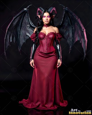 Horned woman with black bat wings in a dark red dress