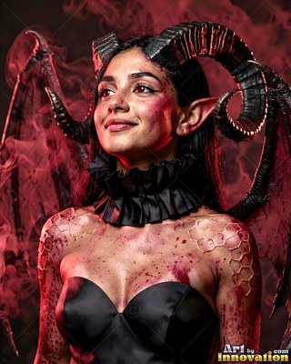 Curled ram horns top a smiling winged woman in a black dress in red smoke