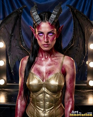 A horned woman with dark wings stands facing forward in bright vanity mirror bulbs
