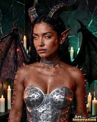 Facing forward in a dim room with candles, a horned woman in a silver corset