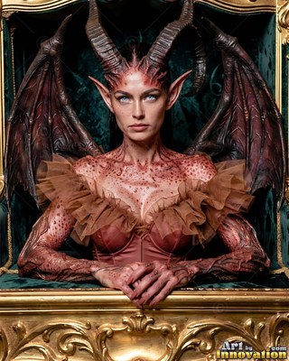 In a green velvet box, a horned woman with bat wings rests her hands on a gold railing