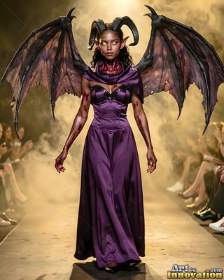 Wearing a purple satin dress, a horned woman with bat wings walks down a smoky fashion runway
