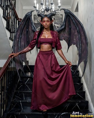 A winged woman walks down black marble stairs dressed in deep red under soft indoor light