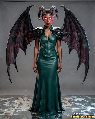 Standing straight in a studio, a horned winged woman wears a dark green dress