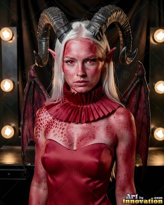 A woman with curled ram horns and small bat wings wears a red silk dress
