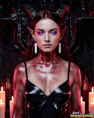 In front of lit candles, a horned woman with black wings wears a dark top