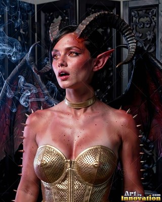 Posing with open lips, a horned winged woman wears a gold corset beside smoke trails