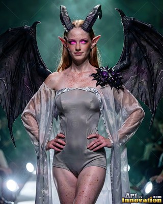 A horned woman with dark wings stands in a gray bodysuit