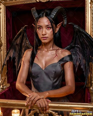 Black ram horns crown a winged woman in a gray dress sitting inside a gold-framed red velvet box
