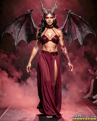 Walking forward on a smoky runway, a winged woman wears a dark red gown