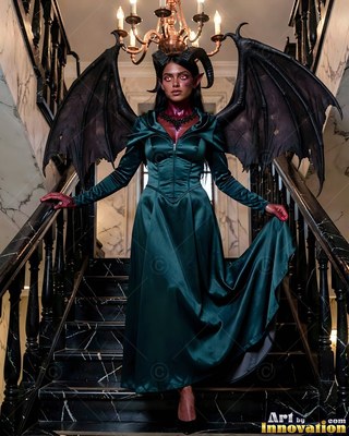 A horned woman with dark bat wings walks down stairs in a green satin gown