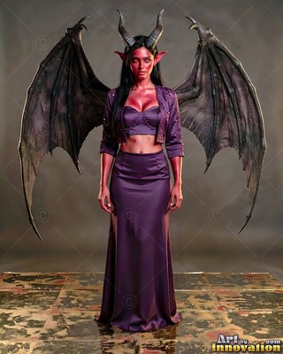 On a tiled floor, a horned woman with bat wings stands in a purple dress