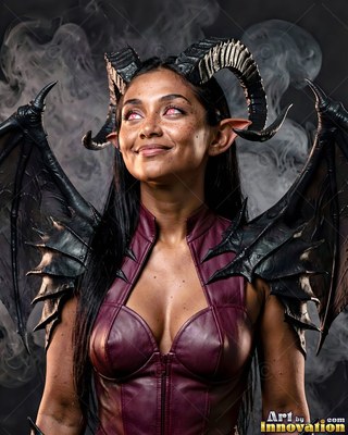 Smiling up in smoke, a horned woman wears black bat wings and a purple top