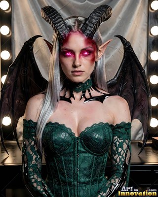 Woman with dark horns and bat wings in a green corset