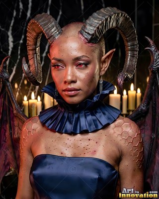 Curved ram horns crown a horned, winged woman in blue satin before lit candles