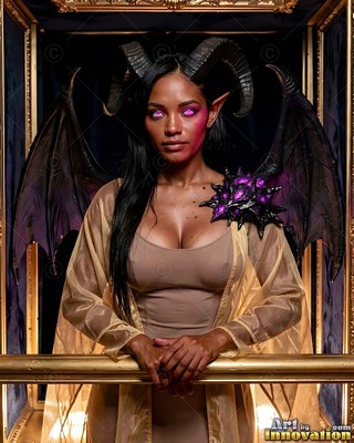Standing at a railing, a horned woman poses inside a golden frame