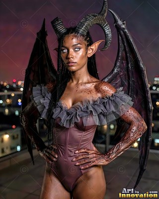 A horned woman with dark bat wings poses on a city rooftop at night