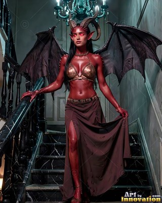 On a dark staircase, a red-skinned winged woman pauses in a brown skirt