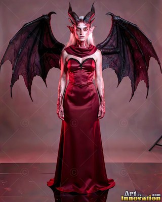 Standing tall, a horned woman in a red satin gown spreads wide bat wings