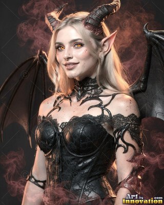 Blonde horned woman with bat wings wearing a black corset