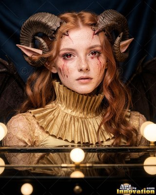 Curled ram horns top a horned woman in a gold pleated collar behind vanity lights