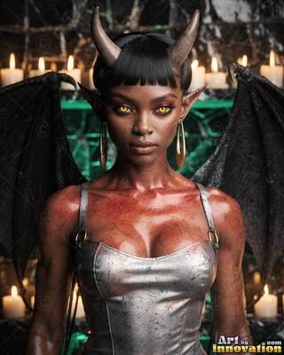 A horned woman with black wings stands before candles in a warm gold shine