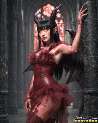Leaning against a stone pillar, a horned woman in a red corset stands in a cathedral hall