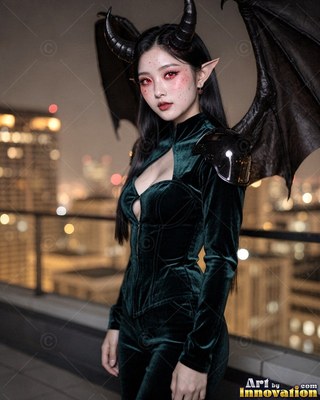 Horned woman with bat wings stands on a city balcony at night