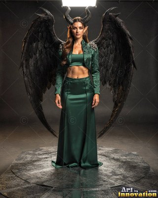 A horned woman stands with black wings spread in dark green satin under soft studio light