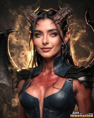 Facing forward, a horned woman in black armor stands in warm smoke