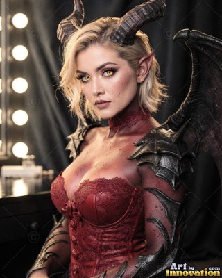 A blonde woman with dark horns and wings wears a red corset by vanity lights