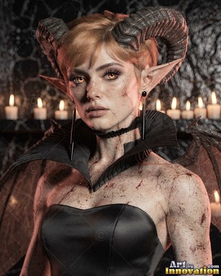 Before a row of candles, a horned woman in black leather gazes forward