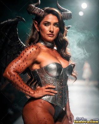 Horned woman posing in a silver corset with black wings
