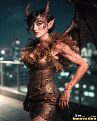 Standing on a high balcony, a horned woman poses in a ruffled brown dress