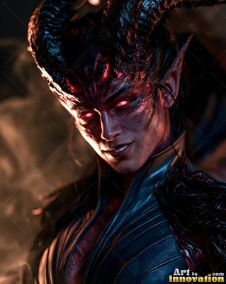 In drifting smoke, a horned woman with red eyes smiles in a black leather outfit